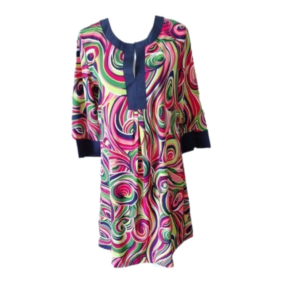 Buckhead Betties womens multicolor shift dress with navy trim 3/4 sleeve. Sz. M